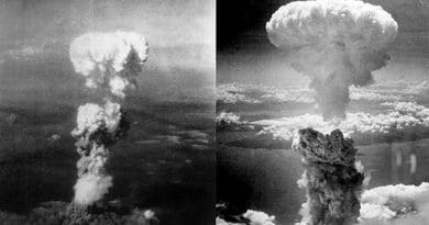 Atomic bomb mushroom clouds over Hiroshima (left) and Nagasaki (right). Photo taken by Charles Levy, Wikipedia Commons.