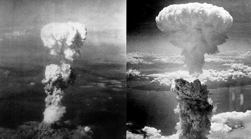 Atomic bomb mushroom clouds over Hiroshima (left) and Nagasaki (right). Photo taken by Charles Levy, Wikipedia Commons.