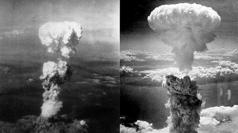 Atomic bomb mushroom clouds over Hiroshima (left) and Nagasaki (right). Photo taken by Charles Levy, Wikipedia Commons.