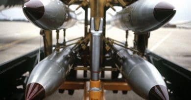 Nuclear B61s on a bomb rack. Photo United States Department of Defense (SSGT Phil Schmitten), Wikipedia Commons.