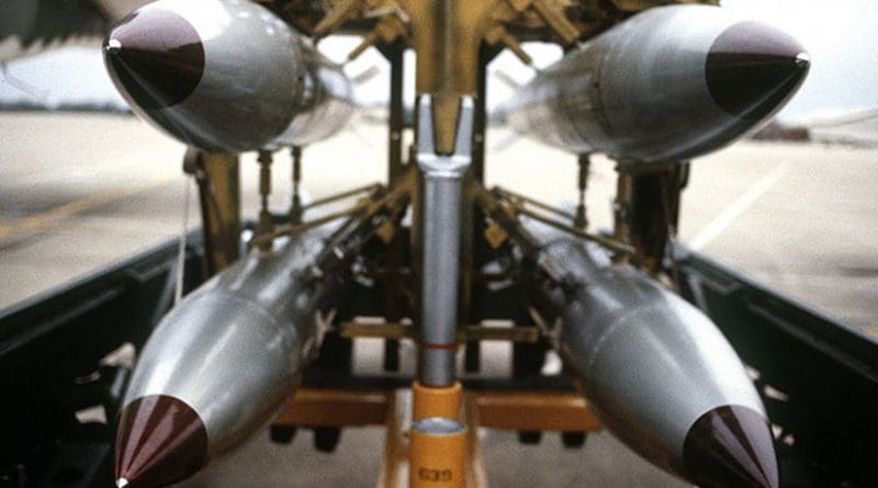 Nuclear B61s on a bomb rack. Photo United States Department of Defense (SSGT Phil Schmitten), Wikipedia Commons.