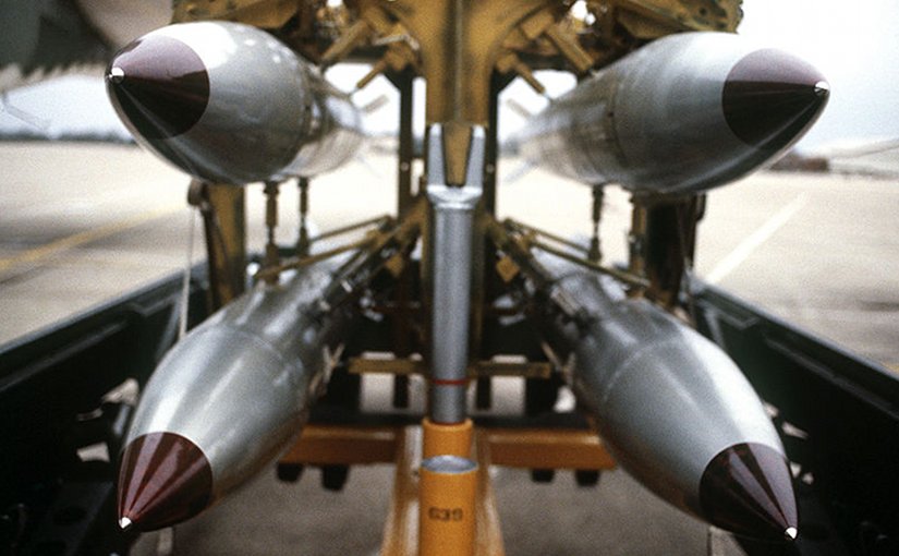 Nuclear B61s on a bomb rack. Photo United States Department of Defense (SSGT Phil Schmitten), Wikipedia Commons.