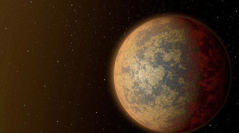 This artist's rendition shows one possible appearance for the planet HD 219134b, the nearest rocky exoplanet found to date outside our solar system. The planet is 1.6 times the size of Earth, and whips around its star in just three days. Scientists predict that the scorching-hot planet -- known to be rocky through measurements of its mass and size -- would have a rocky, partially molten surface with geological activity, including possibly volcanoes. Credit NASA/JPL-Caltech