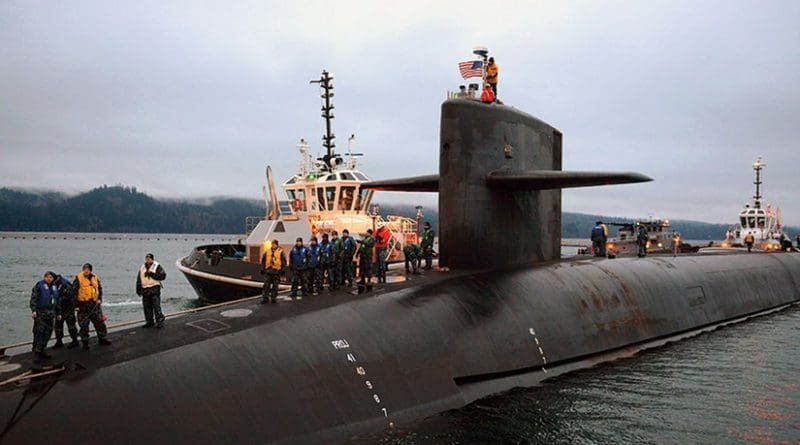 Blue crew of Ohio-class ballistic missile submarine USS Nevada prepares to moor as submarine returns home to Naval Base Kitsap-Bangor following strategic deterrent patrol (U.S. Navy/Ahron Arendes)