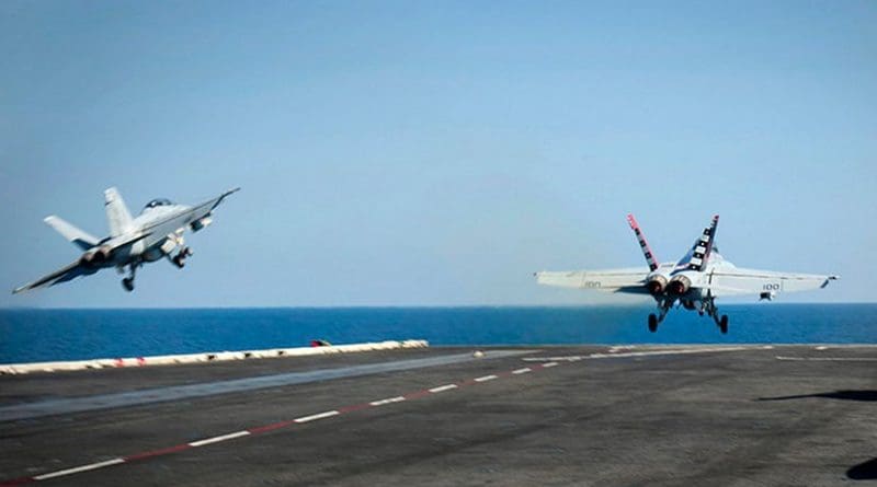 F/A-18F Super Hornets of VFA-22 launch from USS Carl Vinson (CVN-70), supporting Operation Inherent Resolve. (U.S. Navy photo by Mass Communication Specialist 2nd Class Scott Fenaroli/Released)