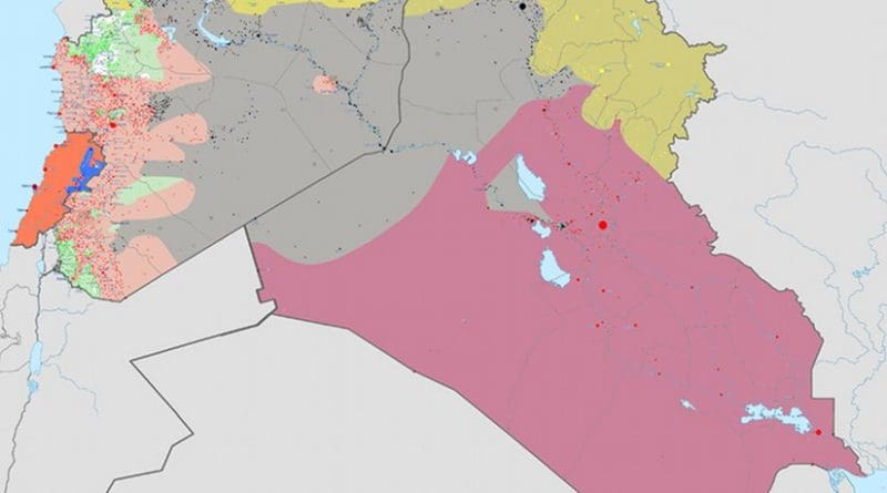 Areas controlled by Islamic State (grey) in Middle East as of July 26, 2015. Source: Wikipedia Commons.