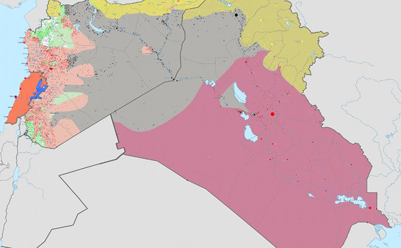 Areas controlled by Islamic State (grey) in Middle East as of July 26, 2015. Source: Wikipedia Commons.