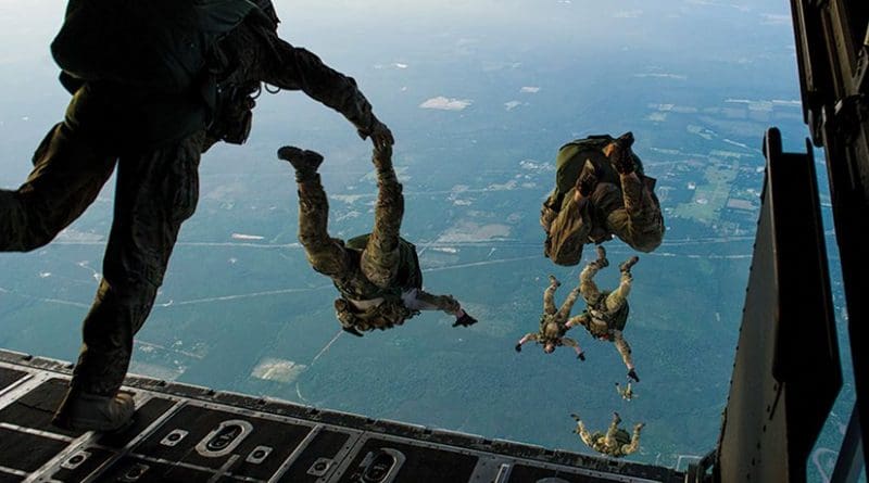 Airmen of 22nd special tactics squadron jump from MC-130H Combat Talon II during Emerald Warrior, DOD’s only irregular warfare exercise (U.S. Air Force/Marleah Miller)