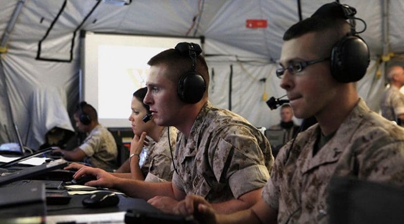 Marines monitor aircraft and ground troops for information to pass to combat elements, Operation Javelin Thrust (U. S. Marine Corps/ Chelsea Flowers)