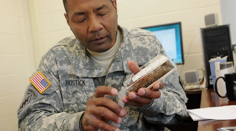 Commander of 1st Area Medical Laboratory mixes two dengue affected insects with dozens of healthy ones to determine if his scientists could analyze and deliver correct diagnosis (U.S. Army/Carol McClelland)