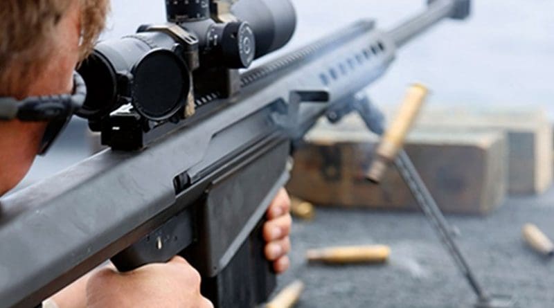 Marine fires M107 special application scope rifle on USS San Diego as part of live-fire familiarization training during Composite Training Unit Exercise off coast of southern California (U.S. Marine Corps/Rome M. Lazarus)