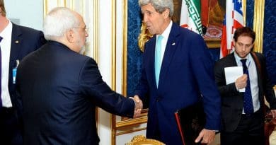 U.S. Secretary of State John Kerry shakes hands with Iranian Foreign Minister Mohammad Javad Zarif in Vienna, Austria, on July 13, 2014, before they begin a bilateral meeting focused on Iran's nuclear program. Photo Credit: US State Department.