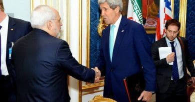 U.S. Secretary of State John Kerry shakes hands with Iranian Foreign Minister Mohammad Javad Zarif in Vienna, Austria, on July 13, 2014, before they begin a bilateral meeting focused on Iran's nuclear program. Photo Credit: US State Department.
