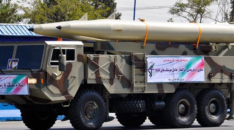 Picture of Fateh-110 missiles on TEL. Taken from Iranian armed forces parade in 2012. Photo Credit: M-ATF, from military.ir, Wikipedia Commons.