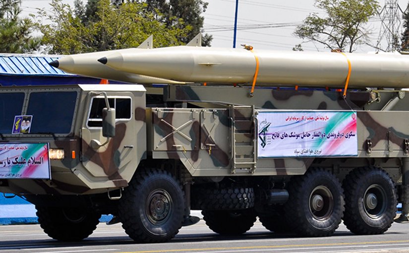 Picture of Fateh-110 missiles on TEL. Taken from Iranian armed forces parade in 2012. Photo Credit: M-ATF, from military.ir, Wikipedia Commons.