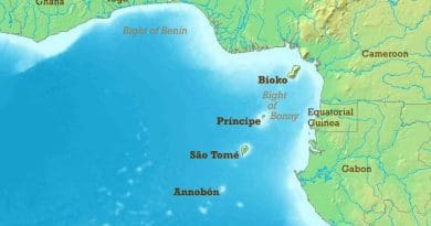 Gulf of Guinea, highlighting locations of Sao Tome And Principe and Nigeria and Cameroon.