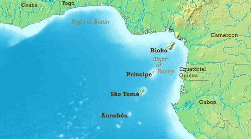 Gulf of Guinea, highlighting locations of Sao Tome And Principe and Nigeria and Cameroon.