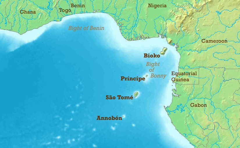 Gulf of Guinea, highlighting locations of Sao Tome And Principe and Nigeria and Cameroon.