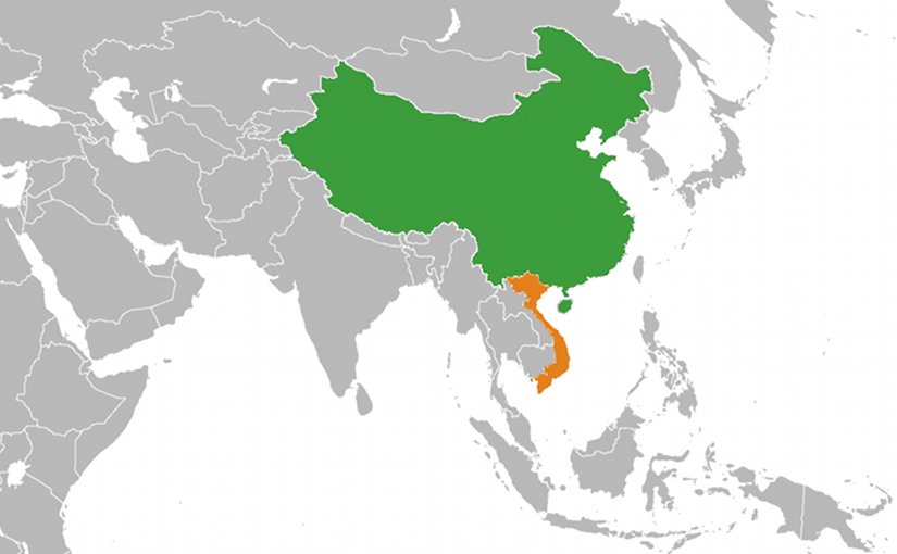 Location of China (green) and Vietnam (orange). Source: WIkipedia Commons.