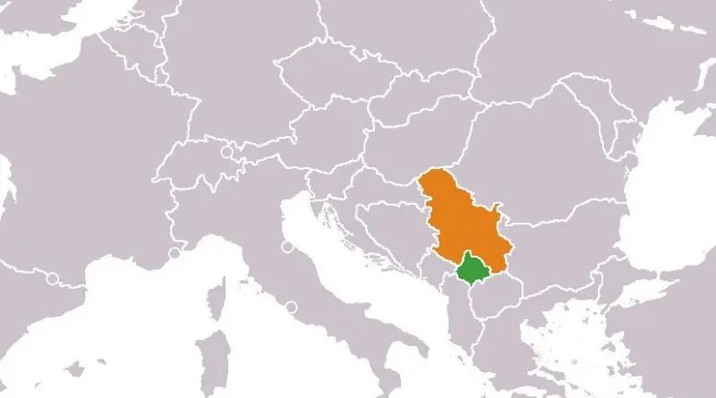 Location of Kosovo (Green) and Serbia (Orange). Source: Wikipedia Commons.