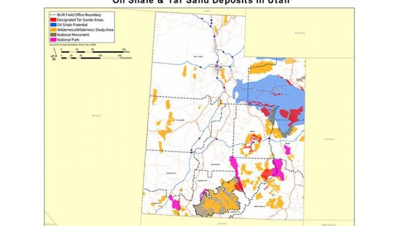 Oil shale and tar sand deposits in Utah. Source: U.S. Department of the Interior, Bureau of Land Management (BLM).