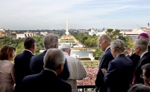 Vice President Joe Biden watches as Pope Francis addresses the crowd assembled on the mall below the Speaker's Balcony of the U.S. Capitol following a Joint Meeting of Congress, Sept. 24, 2015. Standing with them are from left, House Minority Leader Nancy Polosi, House Speaker John Boehner, House Majority Leader Kevin McCarthy, Senate Majority Leader Mitch McConnell and Senate Minority Leader Harry Reid and other dignitaries. (Official White House Photo by David Lienemann)