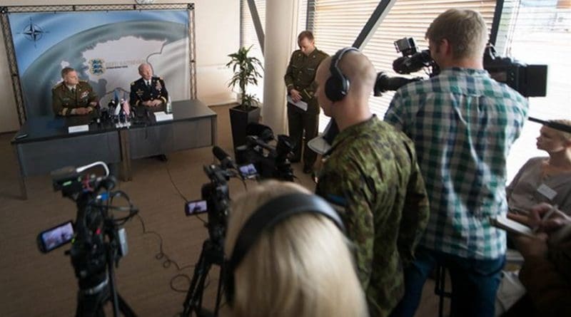 U.S. Army Gen. Martin E. Dempsey, chairman of the Joint Chiefs of Staff, second from left, and Estonian Lt. Gen. Riho Terras, commander of the Estonian Defense Forces, hold a news conference in Tallinn, Estonia, Sept. 14, 2015. DoD photo by D. Myles Cullen