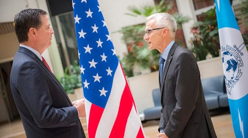 FBI Director James Comey (left) and INTERPOL Secretary General Jürgen Stock (right) at the world police body’s General Secretariat headquarters in Lyon, France. Photo Credit: INTERPOL