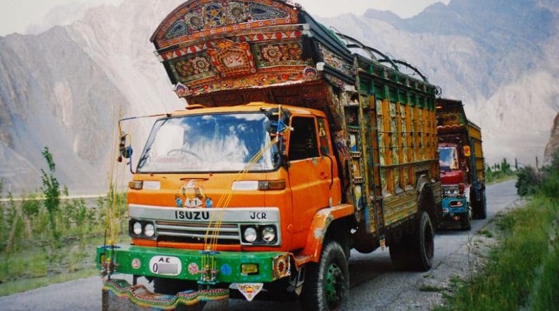 Pakistani trucks in Karakoram Highway, Northern Areas, Pakistan. Photo by Katorisi, Wikipedia Commons.