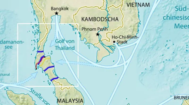 Map of possible plans for the Thai (Kra) Canal. Author: Maximilian Dörrbecker (Chumwa), CIA World Factbook, Wikipedia Commons.