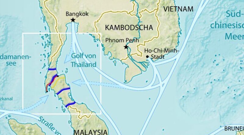 Map of possible plans for the Thai (Kra) Canal. Author: Maximilian Dörrbecker (Chumwa), CIA World Factbook, Wikipedia Commons.