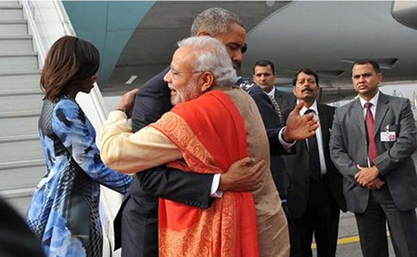 Narendra Modi greets US President Barack Obama on arrival to India. Photo Credit: India PM Office.