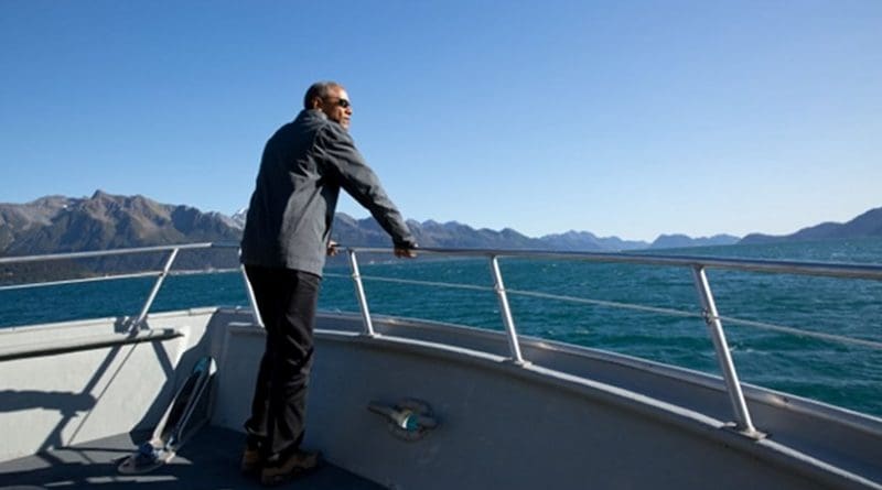 President Barack Obama tours Kenai Fjords National Park by boat in Alaska, Sept. 1, 2015. (Official White House Photo by Pete Souza)