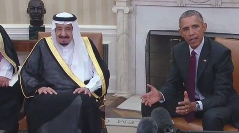 King Salman bin Abd alAziz of Saudi Arabia meets with US President Barack Obama at White House September 4, 2015. Photo Credit: Screenshot from White House video.