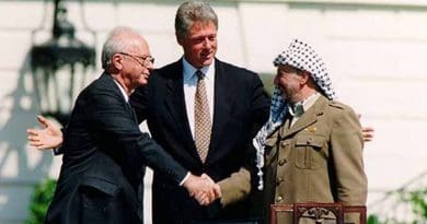 Yitzhak Rabin, Bill Clinton, and Yasser Arafat at the Oslo Accords signing ceremony on September 13, 1993. Photo Credit: Vince Musi, The White House.