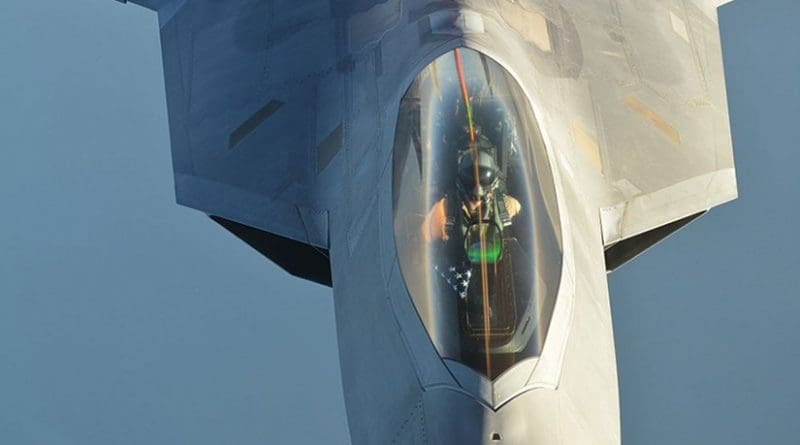 U.S. Air Force F-22 Raptor aircraft after conducting airstrikes in Syria as part of large coalition to strike Islamic State of Iraq and the Levant targets, September 2014 (DOD/Jefferson S. Heiland)