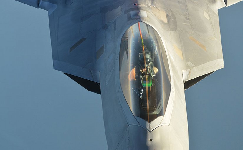 U.S. Air Force F-22 Raptor aircraft after conducting airstrikes in Syria as part of large coalition to strike Islamic State of Iraq and the Levant targets, September 2014 (DOD/Jefferson S. Heiland)