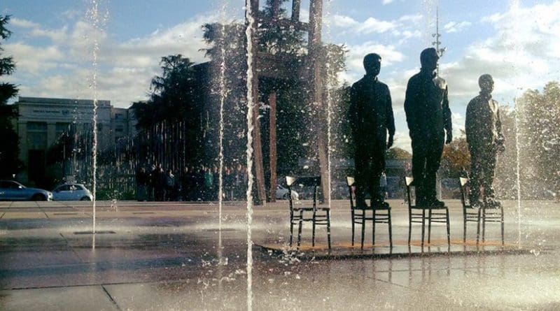 Bronze statues of Edward Snowden, Julian Assange and Chelsea Manning, standing on chairs and made by the artist Davide Dormino, are exposed on the Place des Nations from 14 to 18 September. Photo Credit: PEC