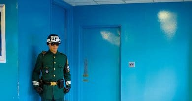 An ROK soldier protects the door to North Korea in the building where the armistice was signed between North and South Korea. Photo by Severin Stalder, Wikipedia Commons.
