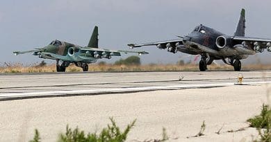 Two Sukhoi Su-25s at Bassel Al-Assad International Airport in Latakia, one type of ground attack aircraft involved in the intervention. Source: Mil.ru, Wikipedia Commons.