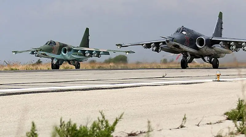 Two Sukhoi Su-25s at Bassel Al-Assad International Airport in Latakia, one type of ground attack aircraft involved in the intervention. Source: Mil.ru, Wikipedia Commons.