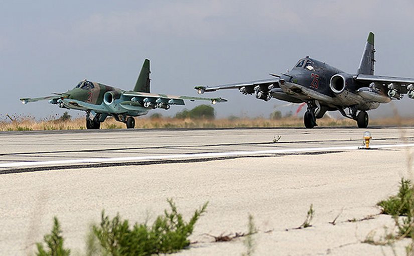 Two Sukhoi Su-25s at Bassel Al-Assad International Airport in Latakia, one type of ground attack aircraft involved in the intervention. Source: Mil.ru, Wikipedia Commons.