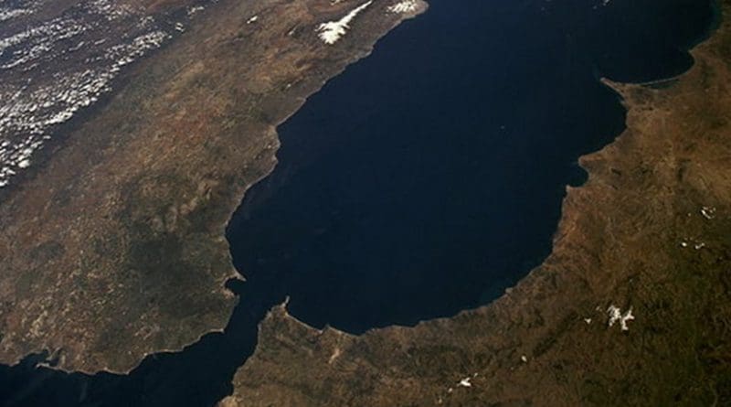 Strait of Gibraltar as seen from space, with the Iberian Peninsula on the left. Source: NASA.