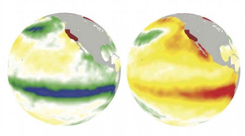 On the left, La Nina cools off the ocean surface (greens and blues) in the winter of 1988. On the right, El Nino warms up it up (oranges and reds) in the winter of 1997. Credit: Jin-Ho Yoon/PNNL