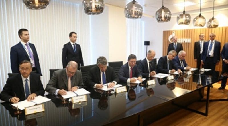 Pierre Chareyre, Klaus Schaefer, Ben van Beurden, Alexey Miller, Kurt Bock and Rainer Seele during signing of Shareholders Agreement on Nord Stream II project.