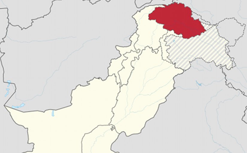 Gilgit-Baltistan is shown in red. Rest of Pakistan is shown in white. The Indian-administered state of Jammu and Kashmir is shown by hatching. Source: Wikipedia Commons.