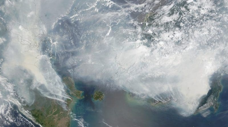 A NASA satellite image showing the extent of the haze on 24 September 2015. Photo Credit: NASA, Wikipedia Commons.
