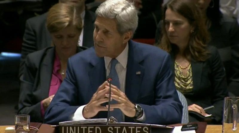 US Secretary of State John Kerry speaks at Meeting on International Peace and Security and Countering Terrorism, Sept. 30, 2015. Photo Credit: Screenshot from State Department video.