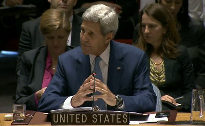 US Secretary of State John Kerry speaks at Meeting on International Peace and Security and Countering Terrorism, Sept. 30, 2015. Photo Credit: Screenshot from State Department video.