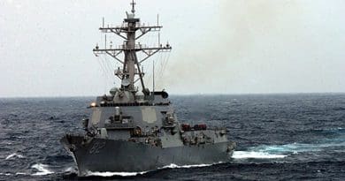 USS Lassen underway in the rough seas of the East China Sea, in 2003. U.S. Navy photo by Photographer's Mate2nd Class Inez Lawson, Wikipedia Commons.